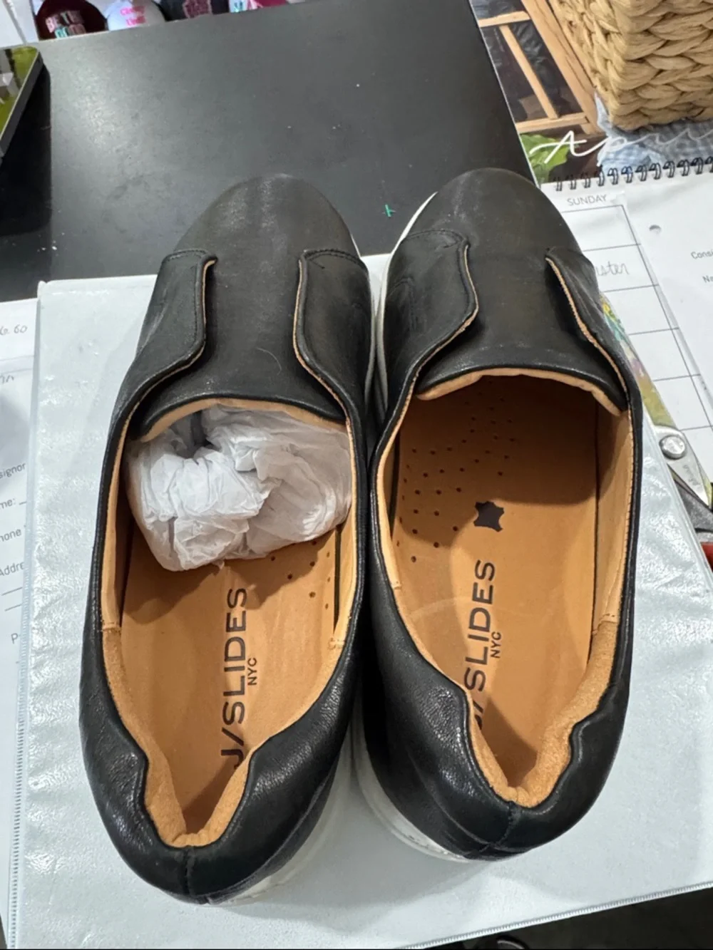 J Slides Black Leather Slip-On Sneakers with White Platform Sole